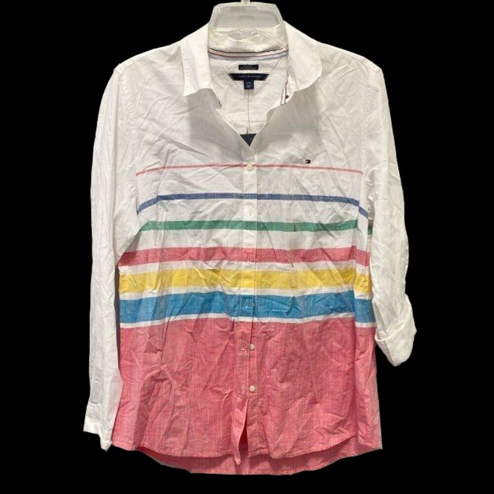 Tommy Hilfiger Button Down Up Long Sleeves Cotton multi-color Bands Shirt Blouse